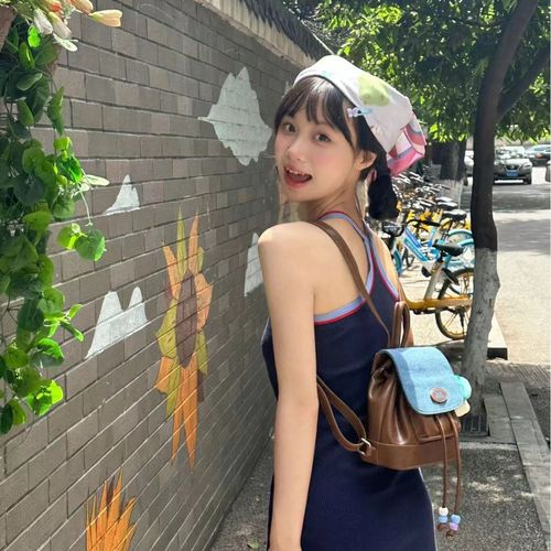 Retro all-match denim stitching backpack 2024 summer new style student cute plush bear backpack charm trend