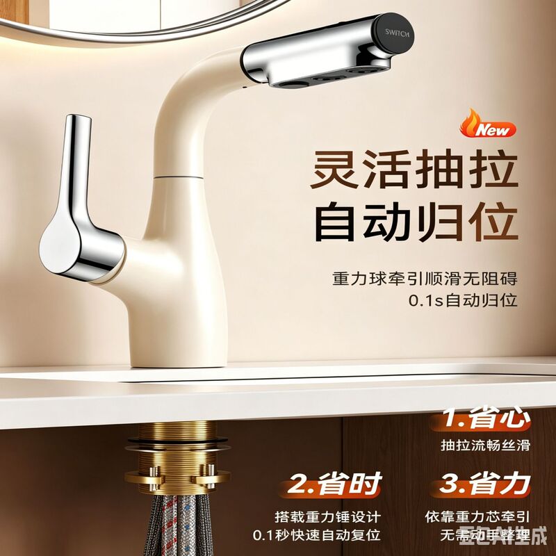 Bathroom Sink Faucet with Pull-Out Hot and Cold Water Mixer for Washbasin, Washstand, Bathroom Cabinet, and Home Use