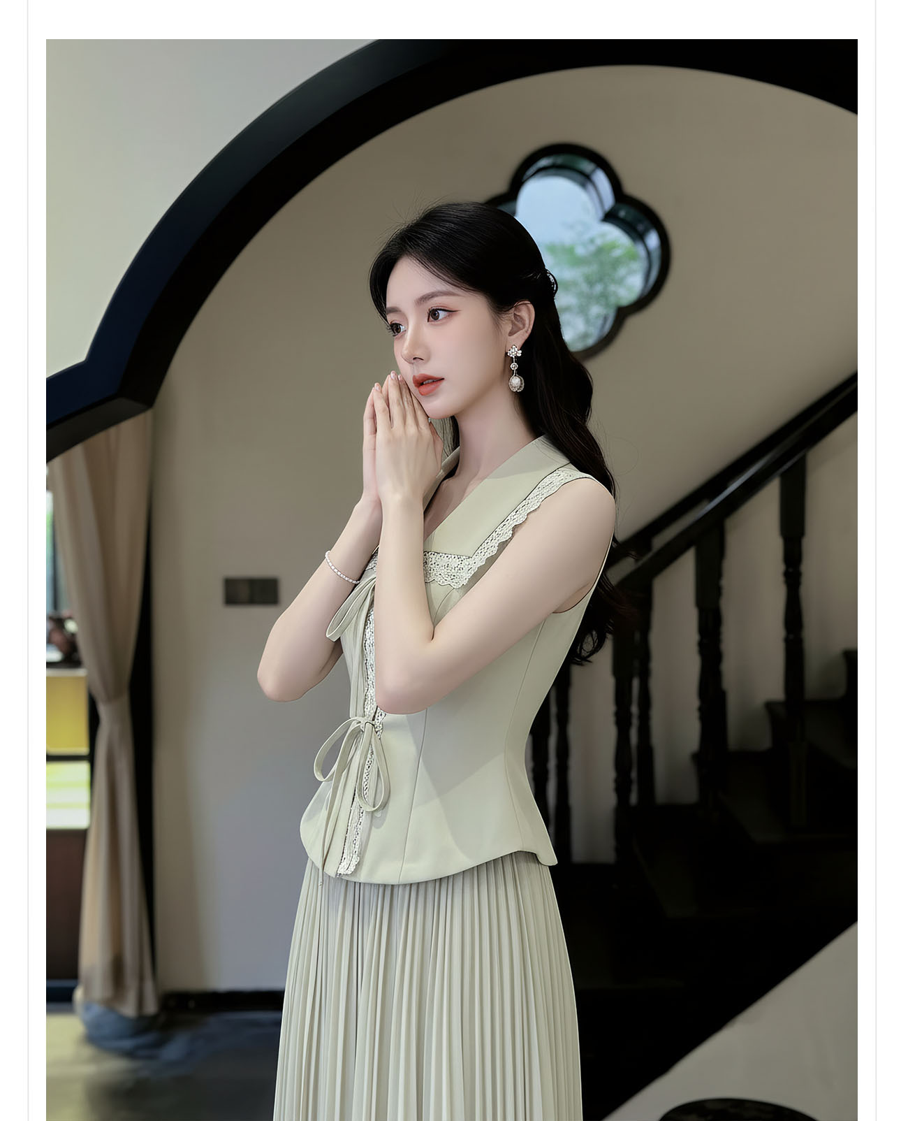Set áo vest gile và chân váy ren phối ren thêu hoa, eo thon — bộ đồ, nửa váy, Trang chủ chi tiết 5