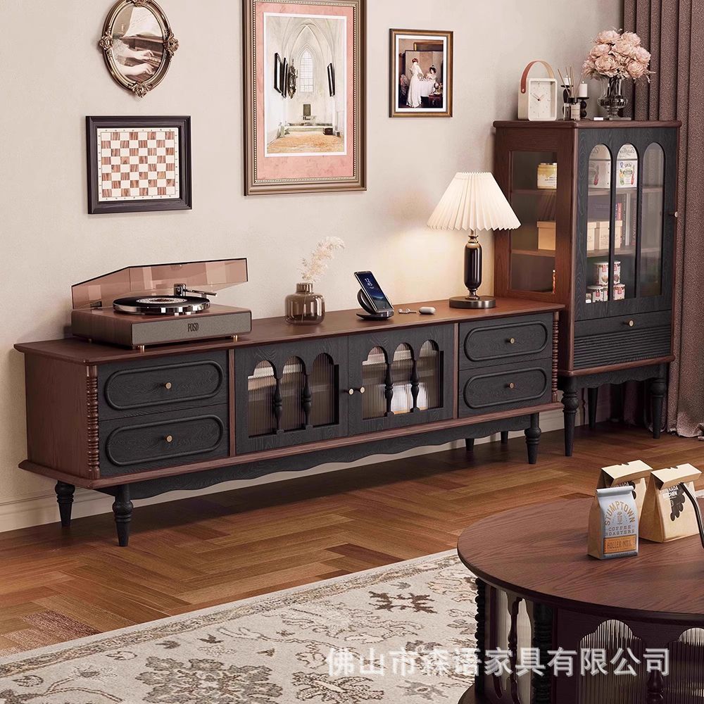 French Retro Solid Wood Tv Cabinet Coffee Table Combination Small Apartment Living Room Home Mid-Century Style Ash Wood Floor Cabinet