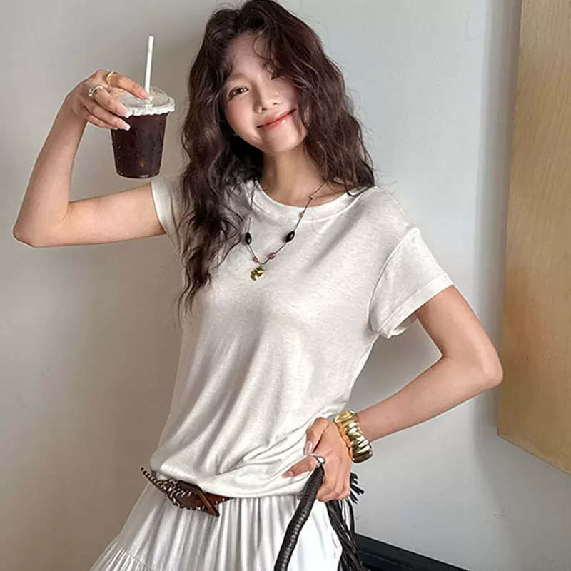 森岛 夏季天丝羊毛短袖t恤女2025新款圆领修身连袖纯色设计感上衣