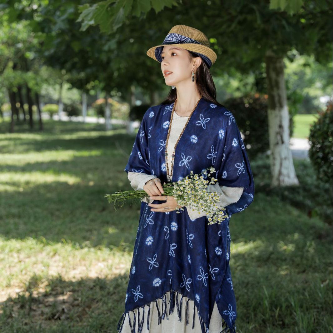 Arte retro cuatro hojas flores tiñidas bufandas bordas decoración exterior cardigan estilo nacional turismo abrigo solar