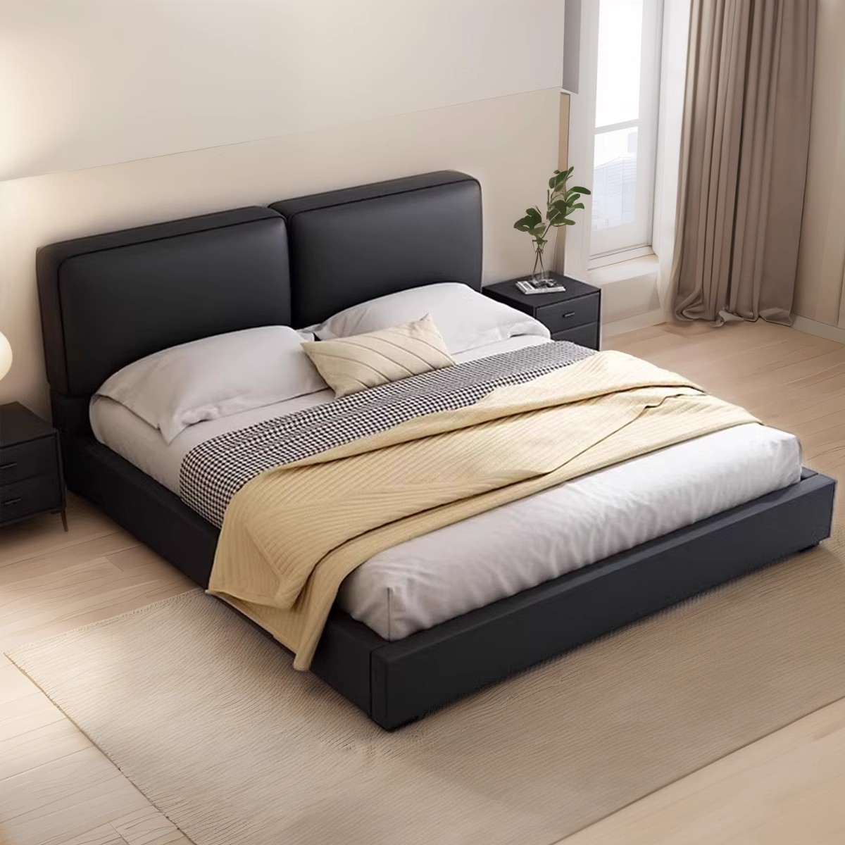 Diseñador minimalista italiano gran cama de cuero negro 1.8m simple y moderno pequeño dormitorio principal almacenamiento cama doble