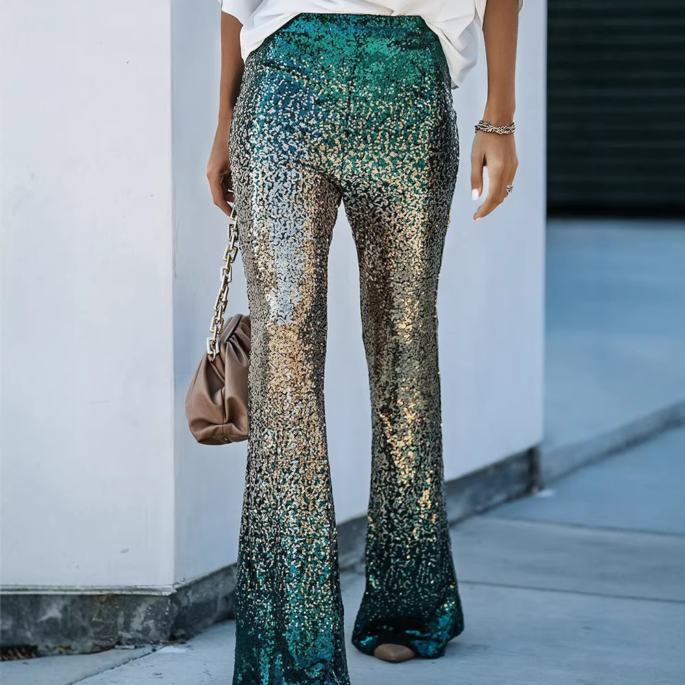 2025 Autumn and Winter New Sequin Splicing Pants for Women European and American Fashion Trend Gradient Color Micro-Flared Wide-Leg Pants for Women