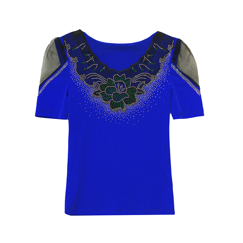 Estación europea ropa de mujer al por mayor industria pesada diamante caliente flor malla top manga abullonada azul sin tirantes temperamento camisa ligera de lujo
