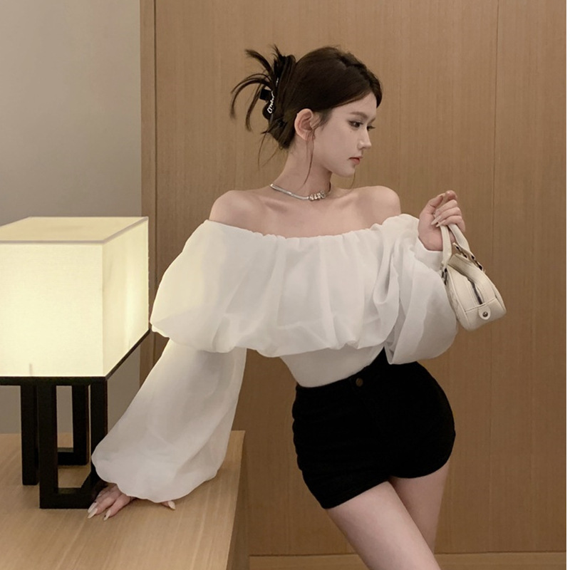 French Ruffled Off-shoulder White Shirt Women's Spring and Autumn Pure Desire Sweet Girl Off-shoulder Lantern Sleeve Bubble Sleeve Top