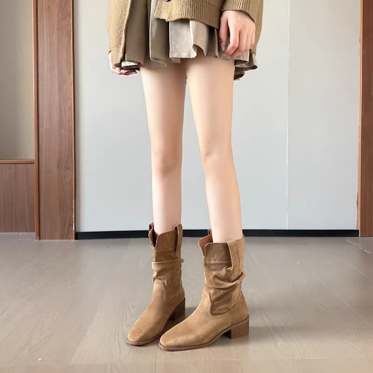 Ruodan若儋~新款 增高8cm~韩系V口粗跟堆堆靴女秋冬西部牛仔短靴|undefined