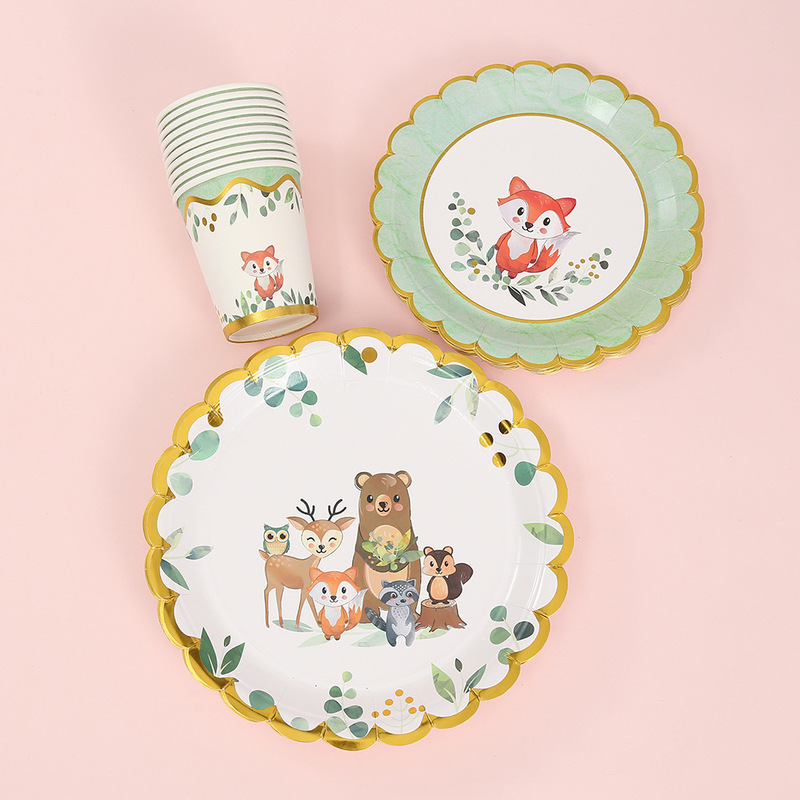 Disposable Paper Plates, Paper Cups, Paper Napkins, Gold-Stamped Animal-Themed Birthday Party Supplies, Cake Plates, Eco-Friendly Paper Plates