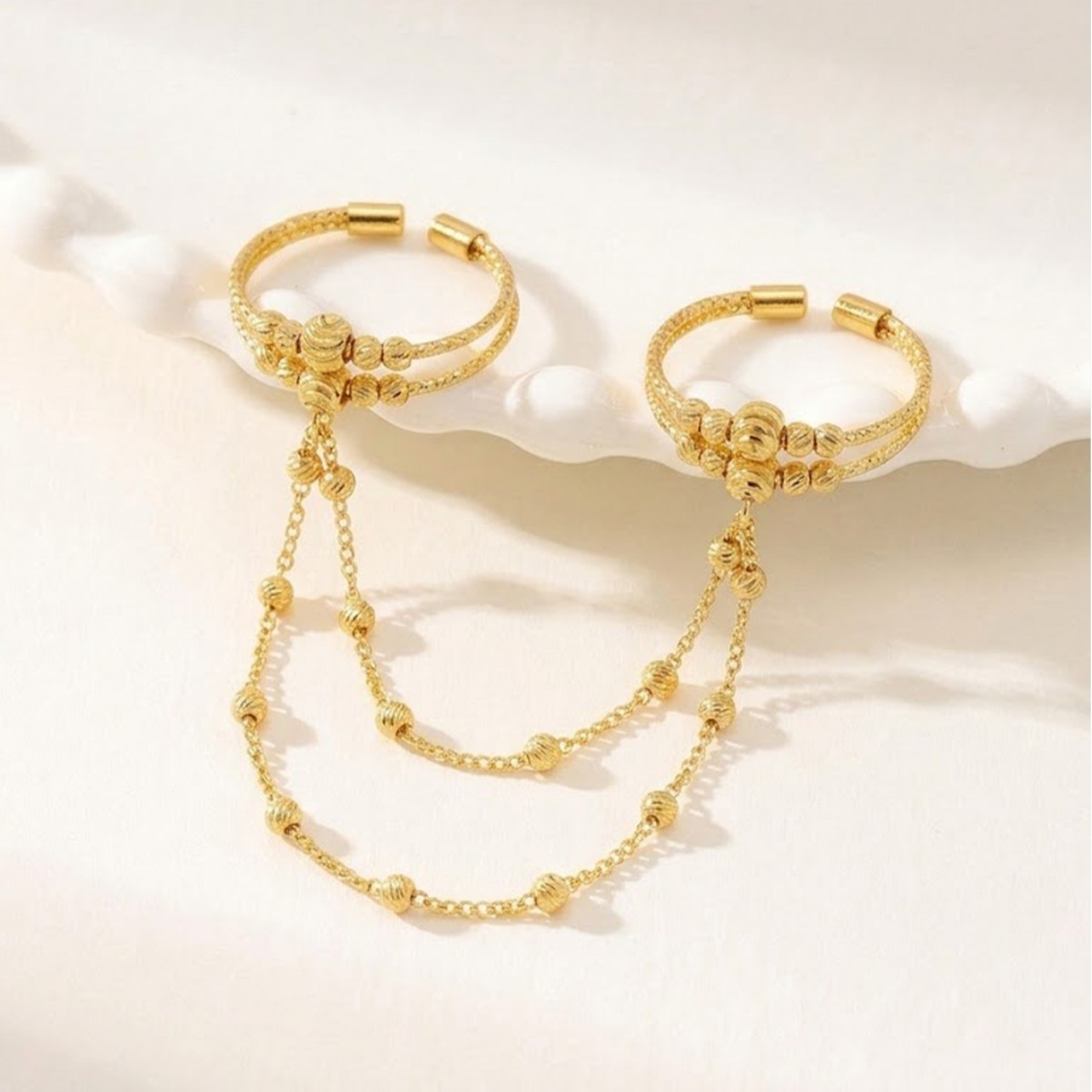 Huixing Middle East Gold-Plated Copper Double-Finger Open Ring with Frosted Beads and Tassel Chain, Women's Jewelry for Cross-Border Sales