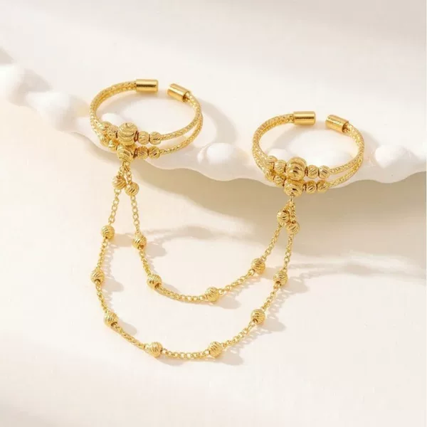 Huixing Middle East Gold-Plated Copper Double-Finger Open Ring with Frosted Beads and Tassel Chain, Women's Jewelry for Cross-Border Sales