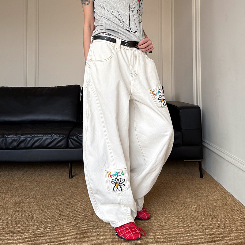 アメリカンレトロ花柄刺繍ワイドレッグスモールソードジーンズレディースヴィンテージスリムカップルカジュアルパンツ|undefined