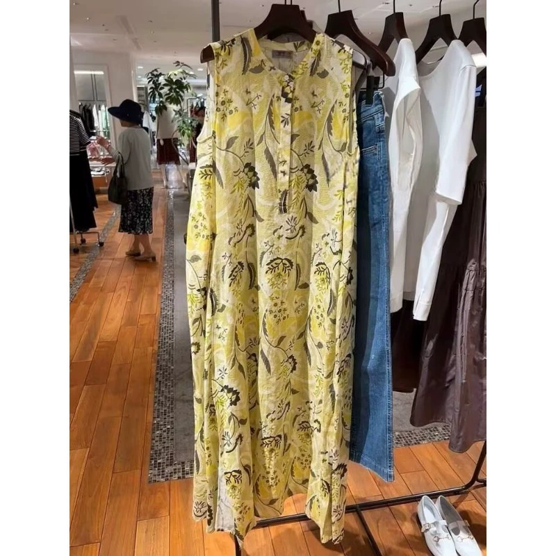 Желтое платье-майка без рукавов с винтажным принтом в японском стиле для женщин, летнее льняное платье средней длины, скрывающее живот и уменьшающее возраст