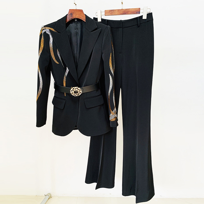 Women's Clothing Spot 2024 new celebrity temperament colored diamond hot diamond belt suit flared pants suit two pieces_voghion.com
