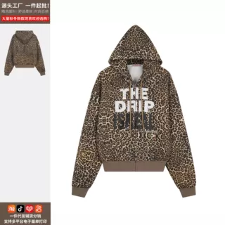 美式街头字母印花豹纹连帽卫衣外套女春季休闲情侣开衫--厂家直发