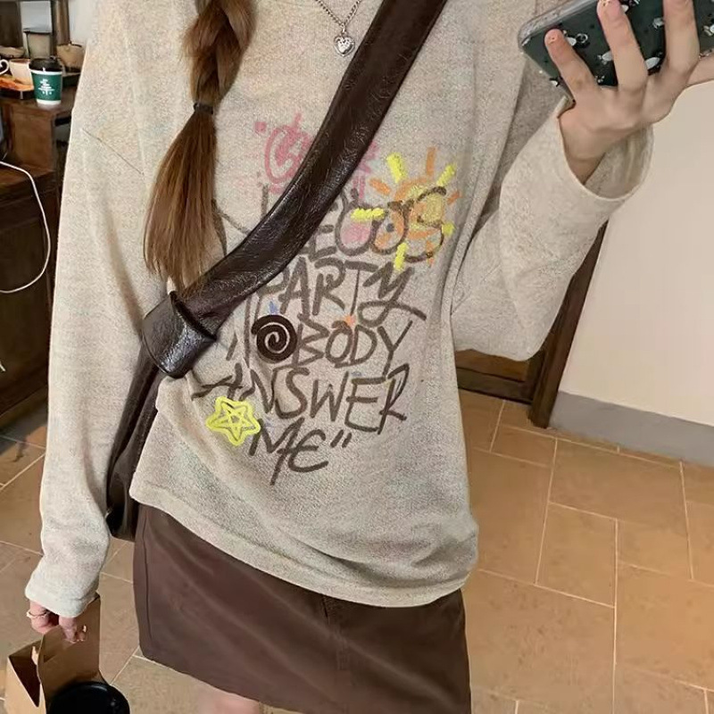 レイジースタイル漫画落書きラウンドネック長袖Tシャツレディースレタープリントデザインゆったりと多用途日焼け止めブラウス夏|undefined
