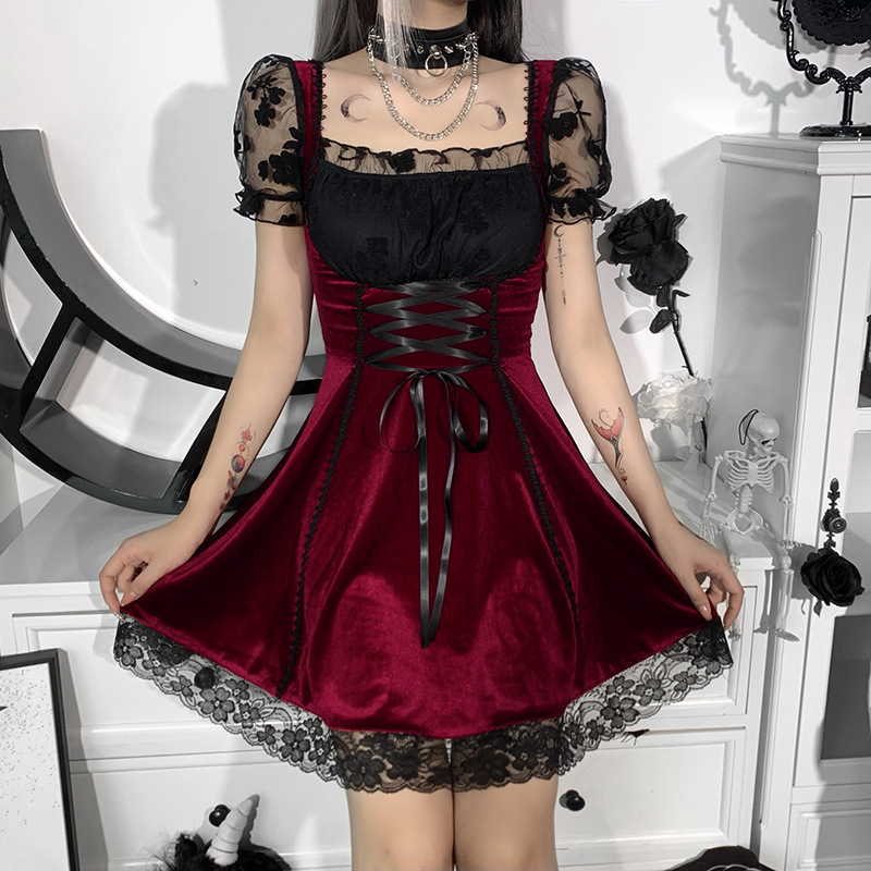 Early Dark Style Lace Stitching Lace-Up Dress NSGYB99106