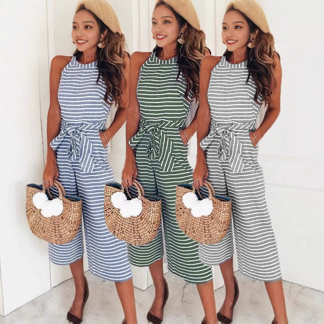 Новая модель 2025 года: модный облегающий комбинезон с завязками и полосками, с круглым вырезом, визуально стройнящий, хит продаж на Amazon и eBay.