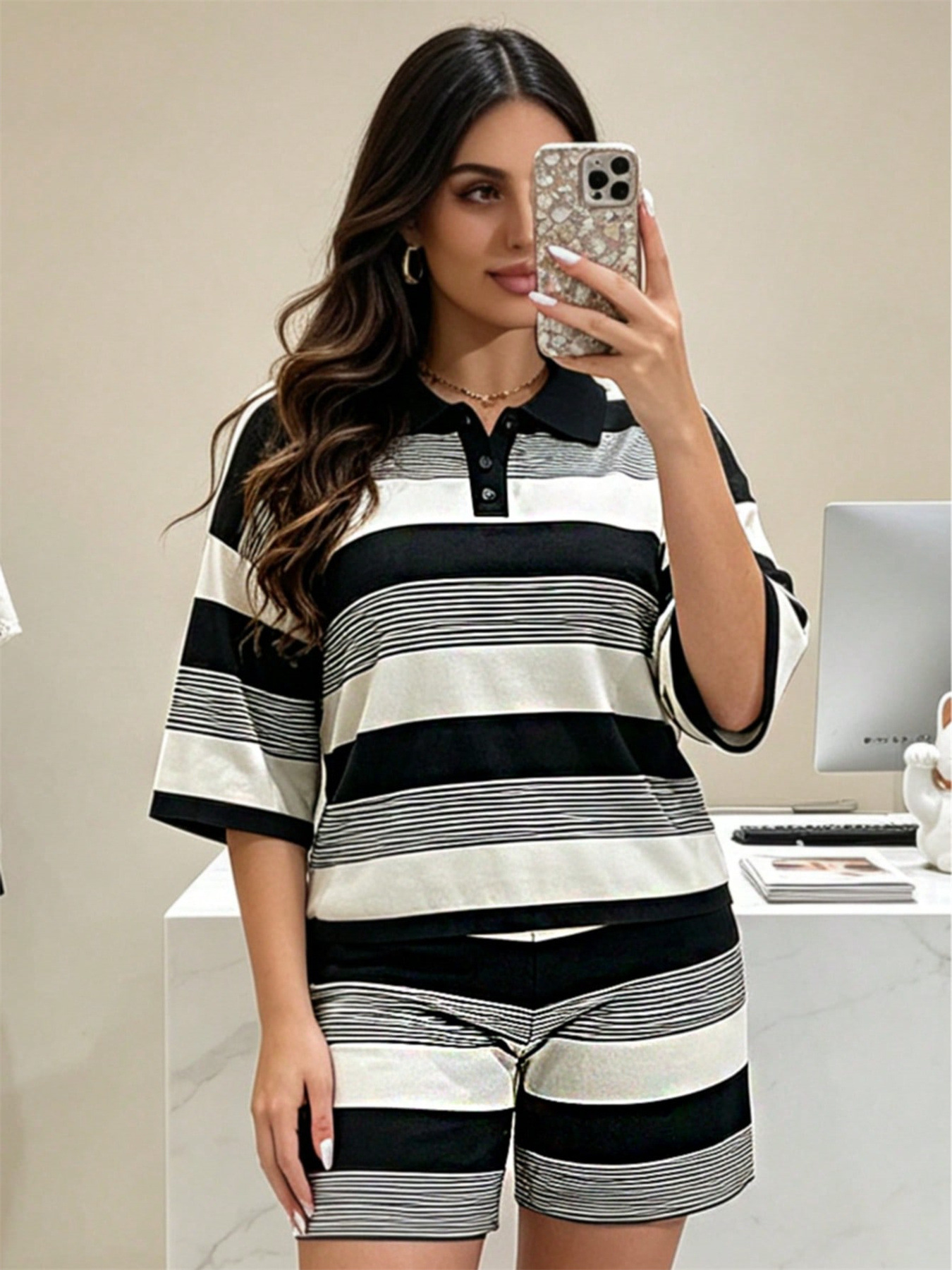Women's Color Blocked Striped Polo Collar Short Sleeve T-Shirt And Shorts Set Casual Spring/Summer Hot Sale_ecoleips.com