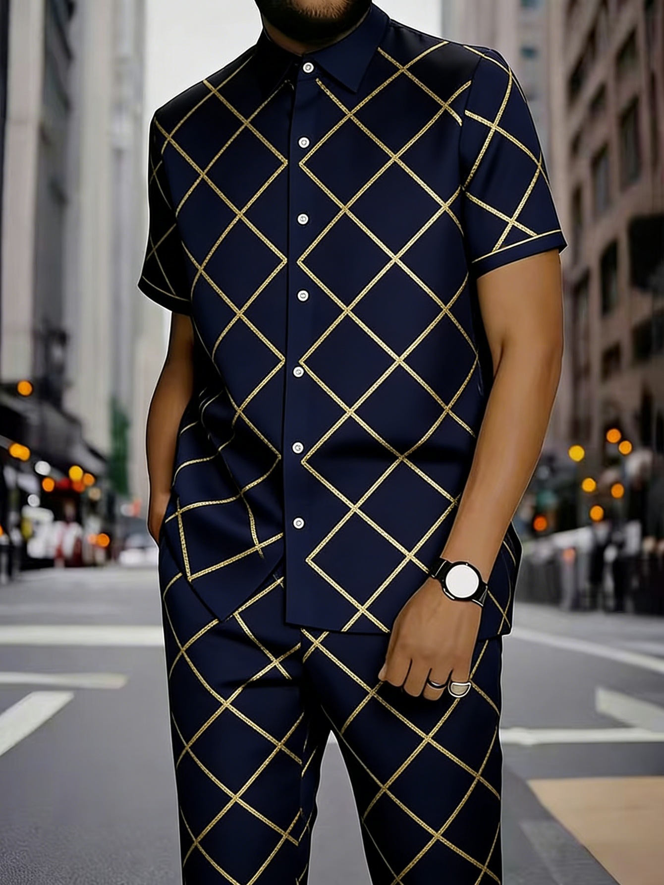 Men's Clothing Men's Commuter Style Short Sleeve Shirt And Shorts Set Collared Geometric Print Spring Summer_viptrois.com