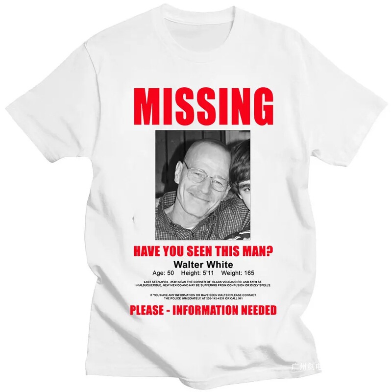 Heisenberg Breaking Bad Missing Person Logo T-Shirt, Best Known as Saul Graphic Print T-Shirt, Men's Pure Summer Short-Sleeve T-Shirt