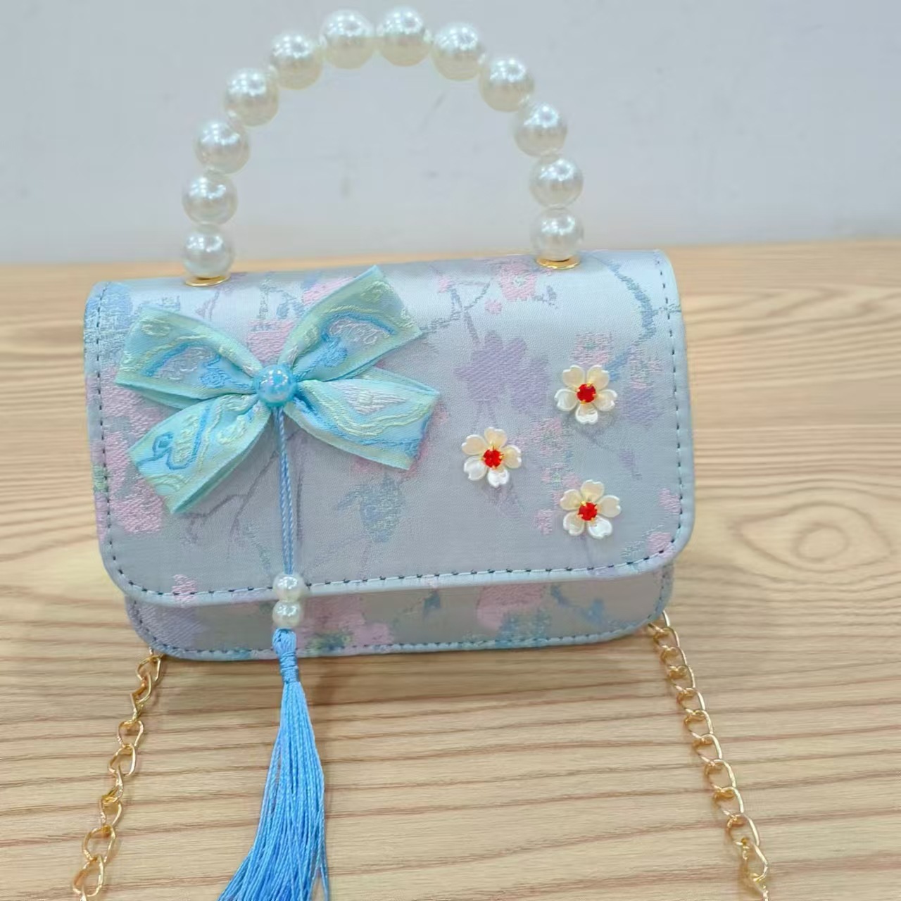 Hermoso bolso de arco de perla para niños nuevo estilo antiguo bolso de borda de color extranjero bolso de hombro con diamantes