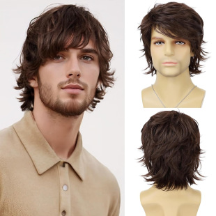 Men's Wig Dark Brown Men's Short Hair Reverse Curl Men's Hair Natural Curly Brown Fashion Styling Manufacturer Ready-Made Wigs