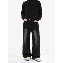 韩国东大门代购宽松侧褶阔腿裤休闲时尚水洗设计感男直筒长裤坠感