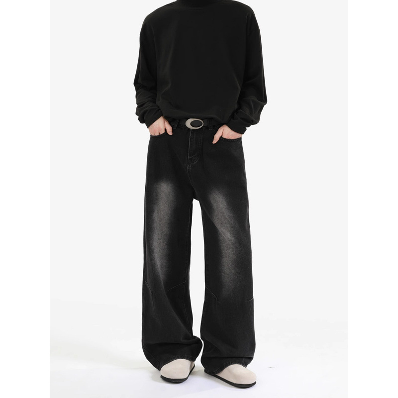 韩国东大门代购宽松侧褶阔腿裤休闲时尚水洗设计感男直筒长裤坠感