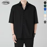 LKTM Men's # Летняя ледяная шелковая тонкая черная рубашка с короткими рукавами для мужчин премиум-класса прилив бренд красивый повседневный рубашка
