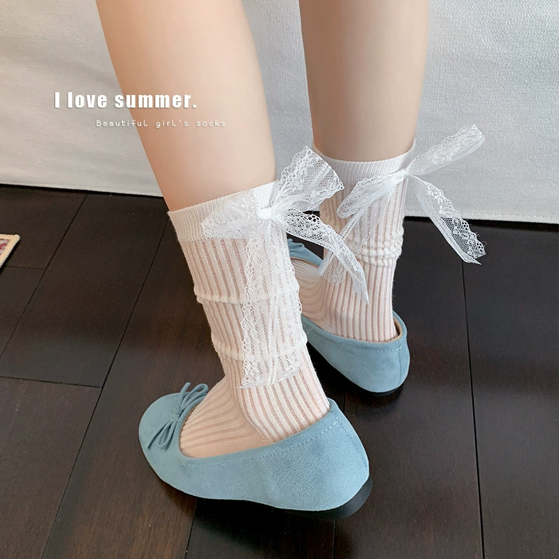Summer thin heel sticker with bow, breathable socks, mid-length