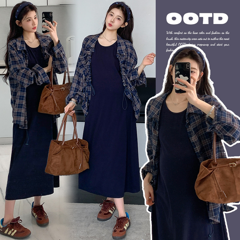 Pregnant Women Early Autumn 2025 New Plaid Casual Slim Shirt + Pure Cotton Vest Skirt Suit Mid-Length Dress