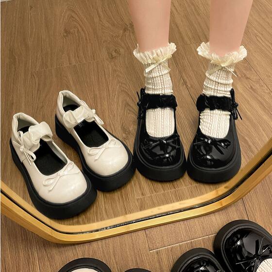 Fashion Bow Thick Bottom Shallow Mouth Single-layer Shoes Women's 2025 New Summer Height Increasing French Style Dress Mary Jane Small Leather Shoes
