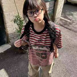 实价 广州面料 螺纹领口 +后包边 渲染工艺 印花+绣花条纹短袖恤