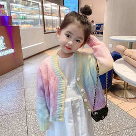 韩式儿童渐变色开衫毛衣2026秋季新款女童甜美上衣中大童彩虹外套