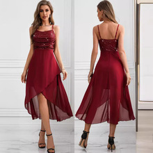 性感复古亮片拼接雪纺连衣裙欧美外贸跨境女装速卖通亚马逊晚礼服