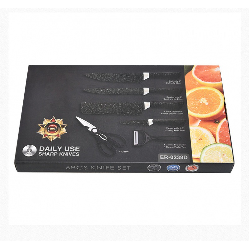 Comercio exterior en stock pintura en aerosol herradura manejar cielo estrellado tinta arroz piedra patrón seis piezas traje de acero inoxidable cuchillos de cocina del hogar traje