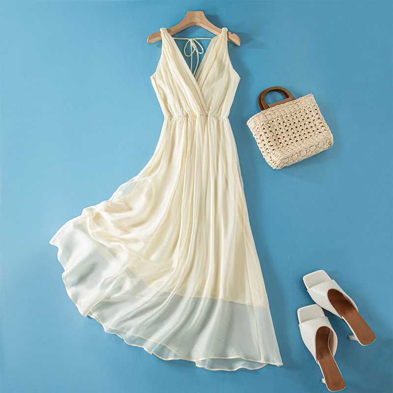 2026 Long Dress Beach Silk Summer Solid Color New Silk Dress Long V-Neck Fairy Style