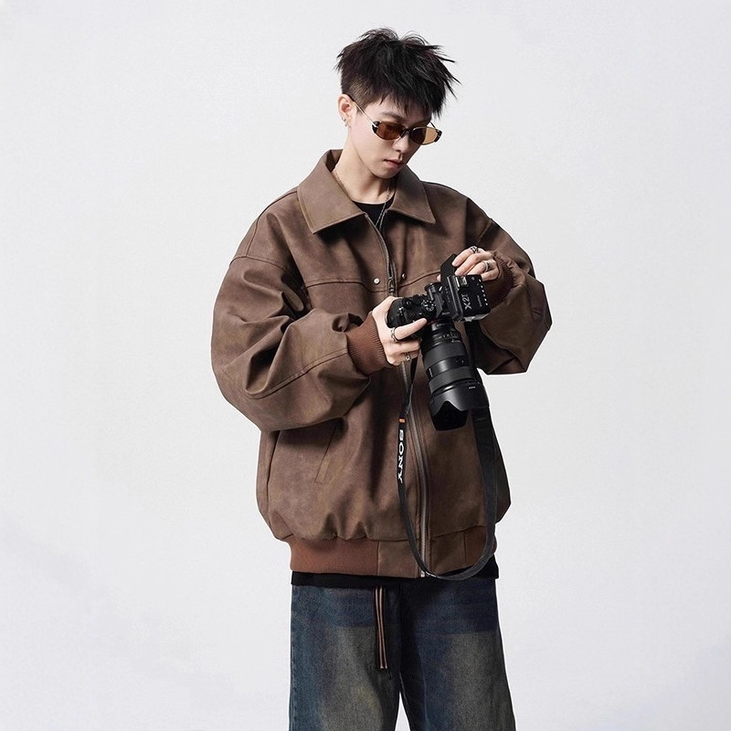 American Brown Retro Pu Leather Jacket Men's Spring & Fall New Fashion Brand High-End Handsome Jacket Leather Jacket Men