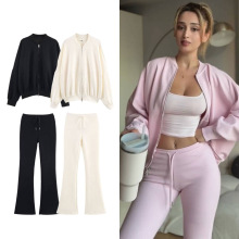 跨境女装春秋季新品时尚休闲风运动套装飞行员夹克外套喇叭裤套装