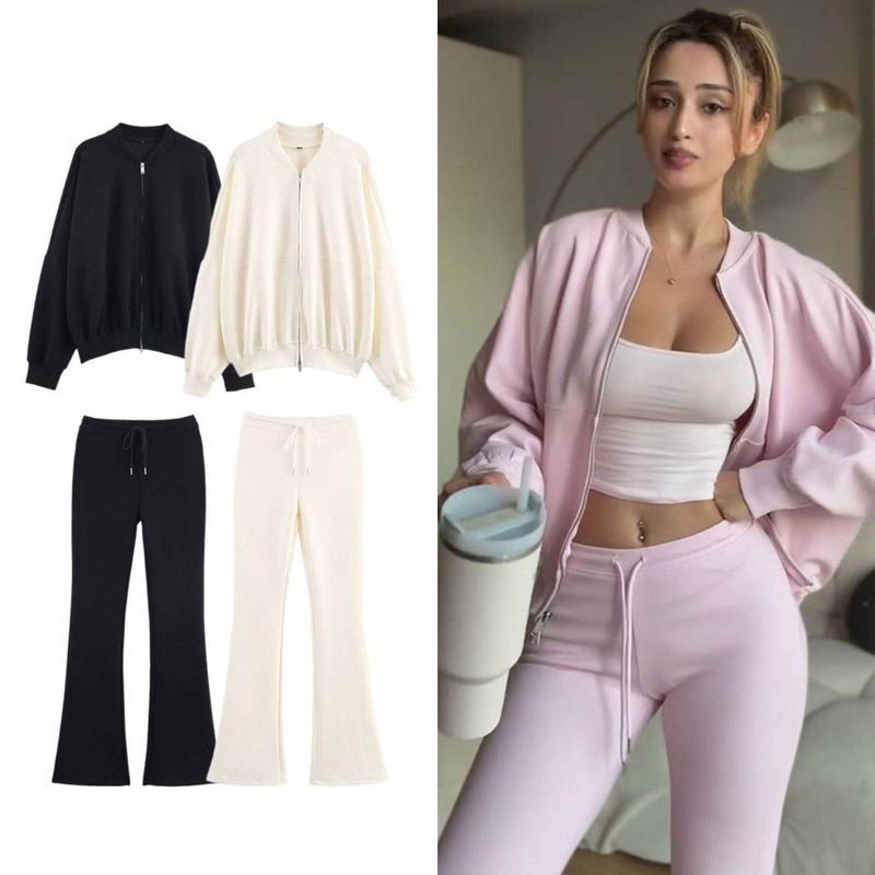 Cross-Border Women's Spring and Autumn New Fashion Casual Sports Suit Pilot Jacket Jacket Bell-Bottom Suit