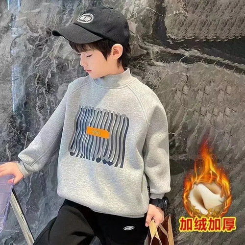 Children's Fleece Sweatshirt 2024 New Winter Boys One-Piece Fleece Casual Half-Neck Medium and Large Children Korean Style Base Shirt