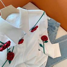 感小众立体玫瑰白色衬衫女装秋季韩系时髦薄款宽松别致上衣潮