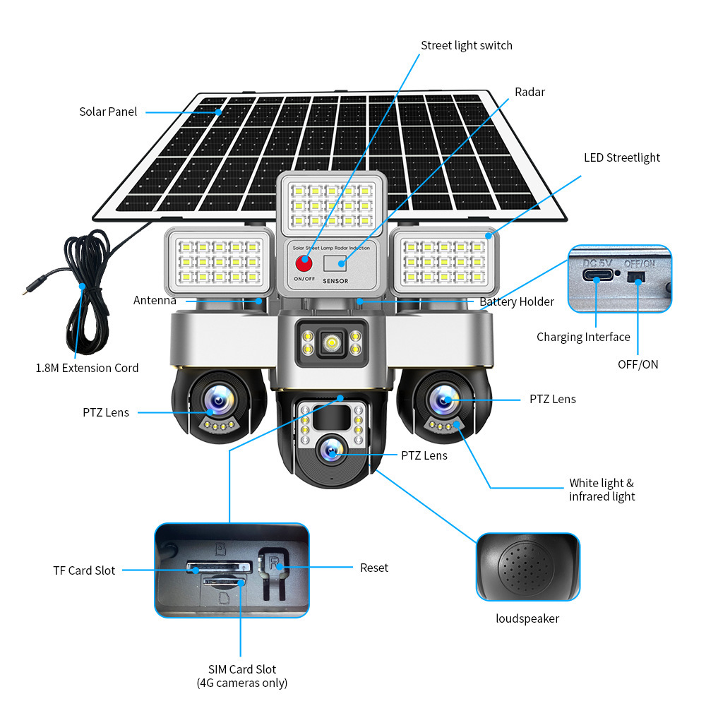 V380pro Solar Street Light Monitoring con tres cámaras de monitoreo