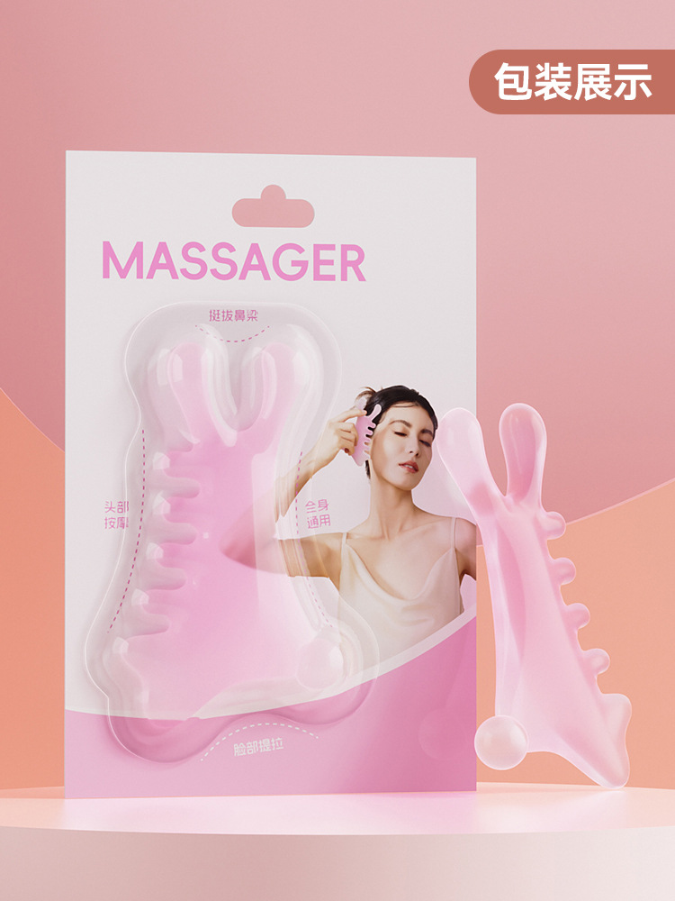 Peine de masaje de cuero cabelludo multifuncional cuatro en uno, terapia de cabeza facial, artefacto de masaje de meridianos de dragado, pequeño monstruo rosa, nariz recta