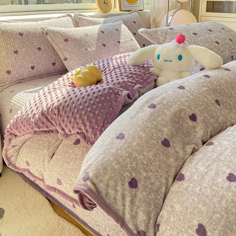 冬季加厚保暖牛奶绒床盖四件套豆豆绒被套宿舍家用卧室法莱绒套件