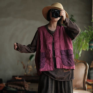 原创设计女装文艺复古国风马甲女秋外穿1915玫红