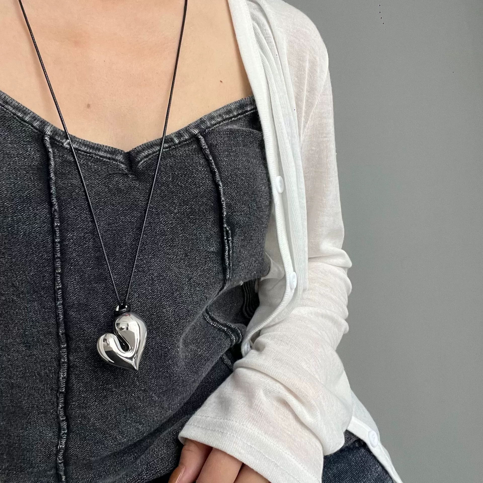 Pendant Necklace, Stainless Steel & Leather Rope, Burgundy/Black/Silver, 7 cm Pendant