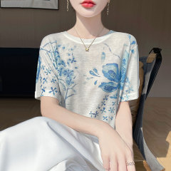 【メーカー直供】カラー丸襟天糸半袖tシャツ女性ファッション衝突色氷糸ニットの短い上着