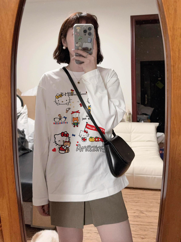 白色纯棉正肩长袖t恤女 春秋季新款kitty猫印花甜妹百搭宽松上衣|undefined
