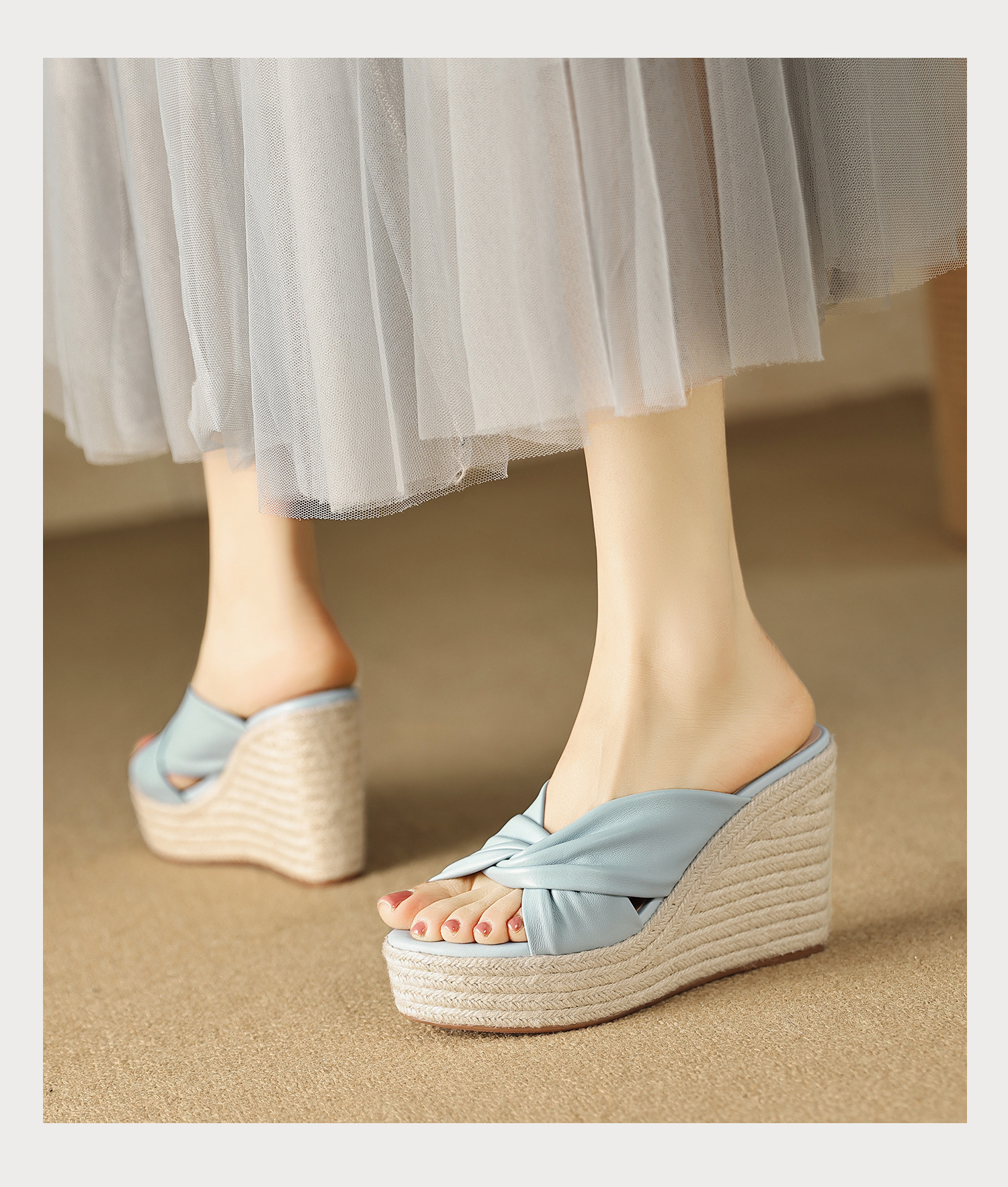 Sandal cao gót nữ quai chéo hở mũi đế xuồng bện cói gót 9 cm — màu thiên thanh, màu hồng chi tiết 12